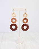 Caroline Hill Florence three-tier natural wood ring dangle earrings in ombre brown tones