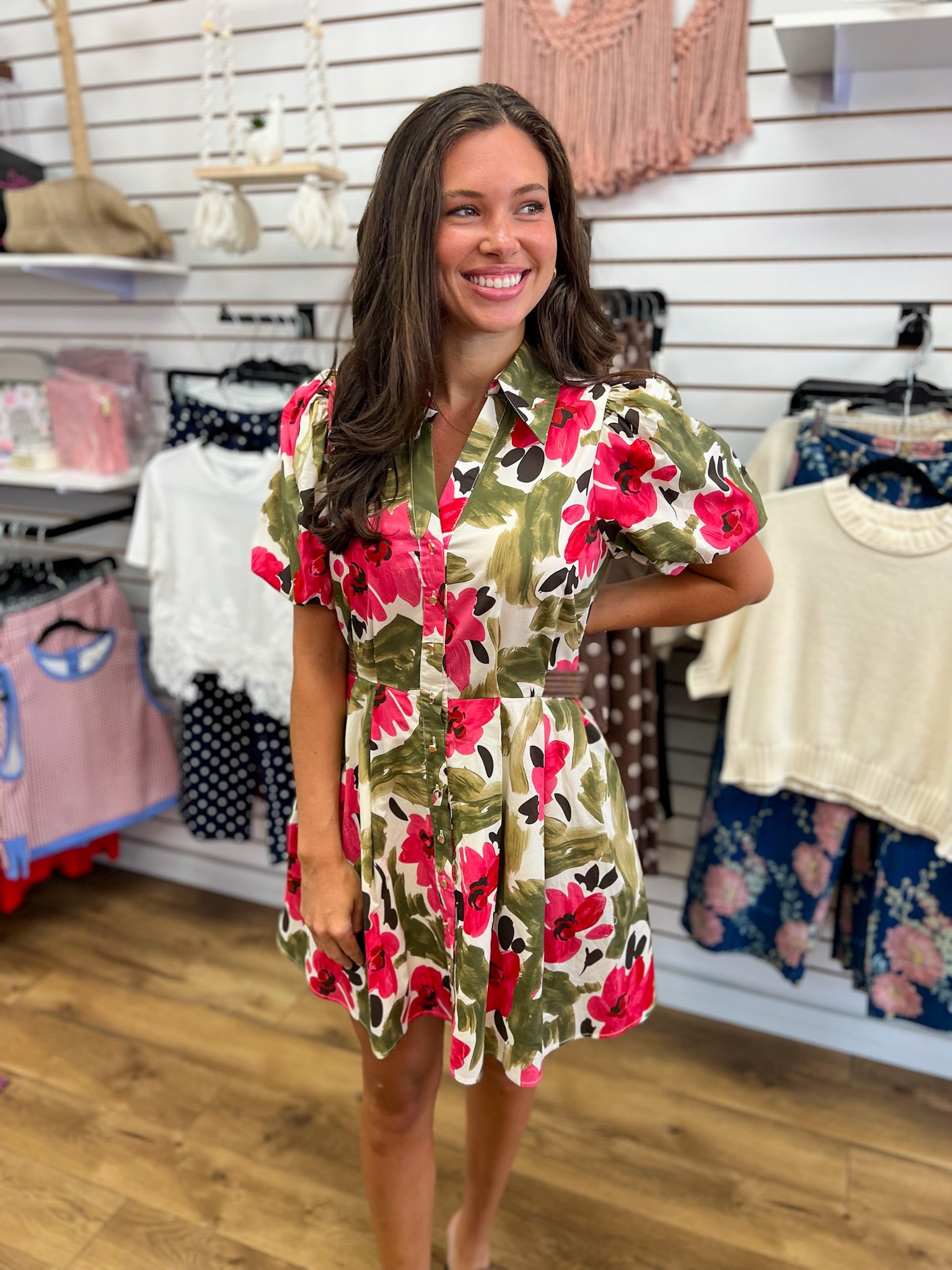 Olive Floral V-Neck Dress with Short Puff Sleeves - A'Bekah's Boutique