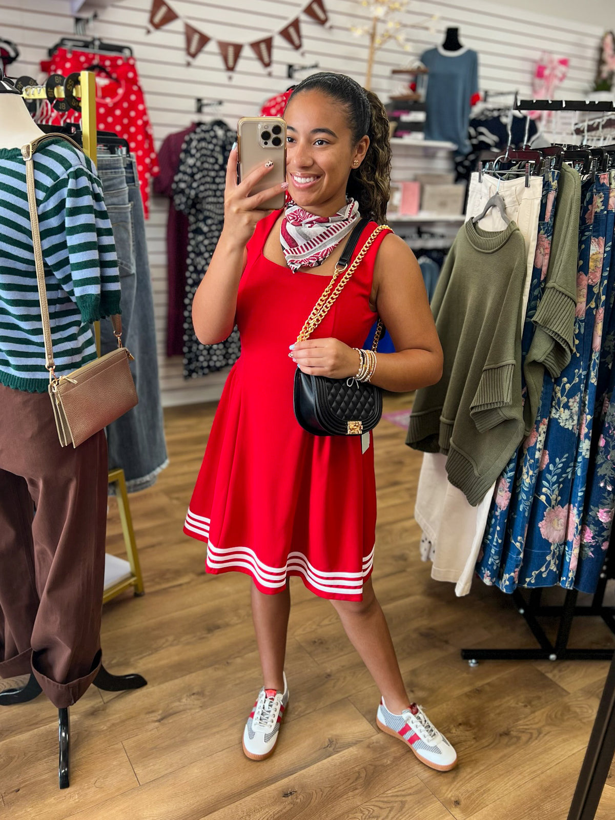 Red sleeveless square neck dress with white contrast stripe trim at hem