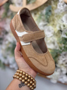 Corkys camel faux suede Mary Jane sneaker with velcro strap and gum sole