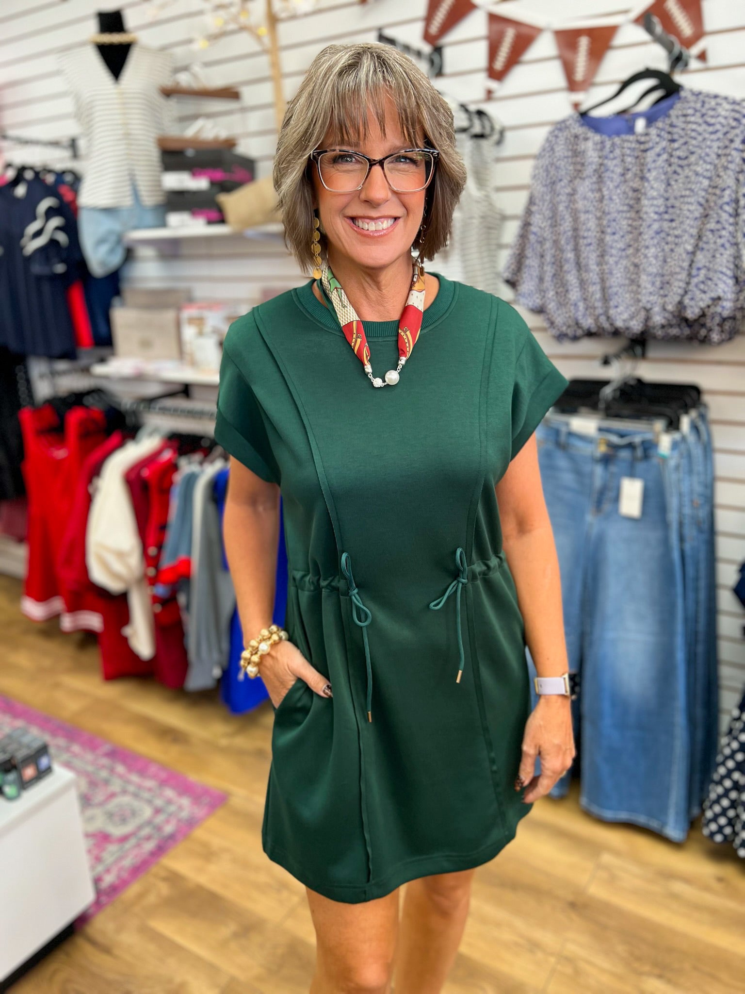 Evergreen Umgee luxe knit mini dress with drawstring waist and side pockets