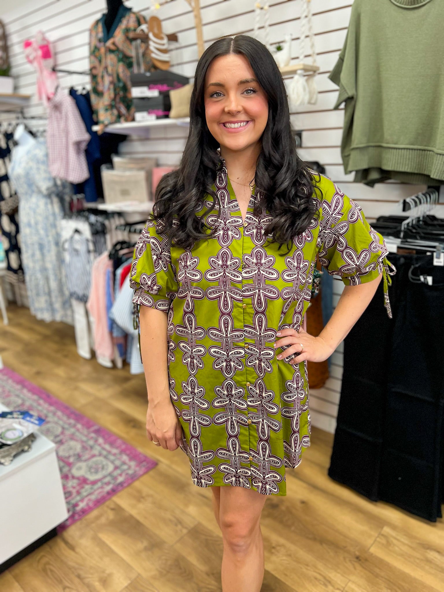 Martini Olive Green Printed Dress with Short Puff Sleeves