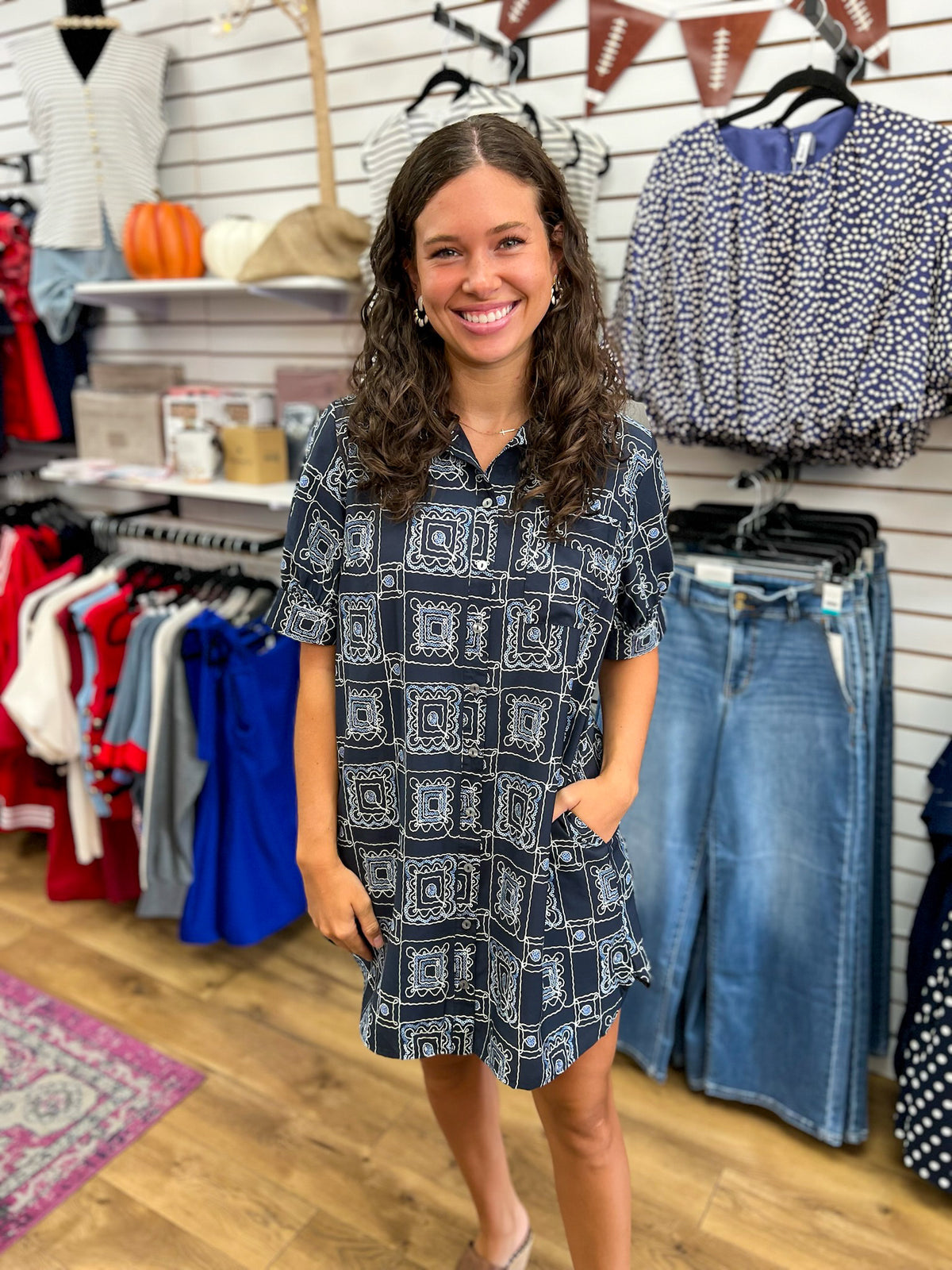 Entro navy bandana print short sleeve shirt dress with button front and pockets