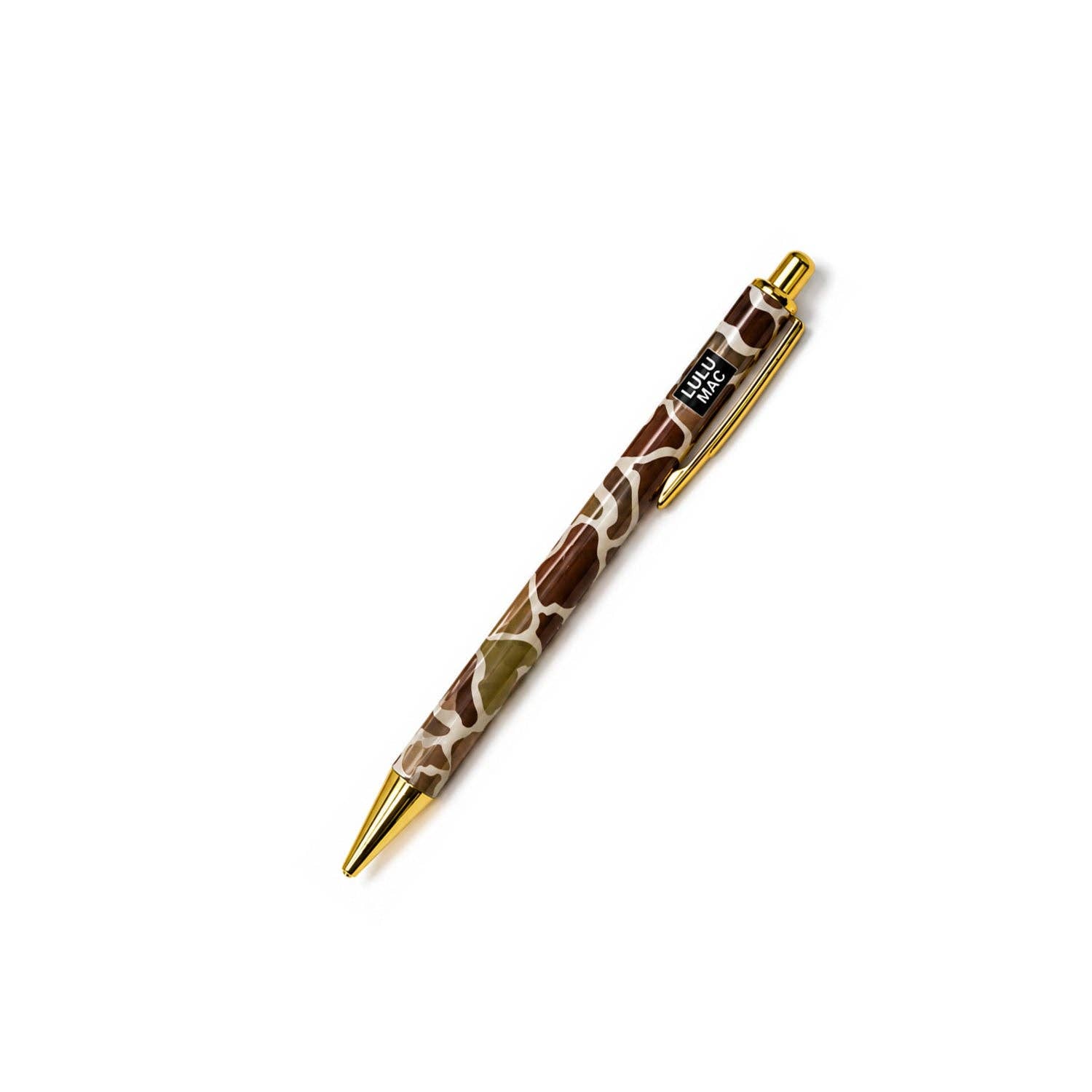 Lulu Mac giraffe print ballpoint pen with gold accents and clip