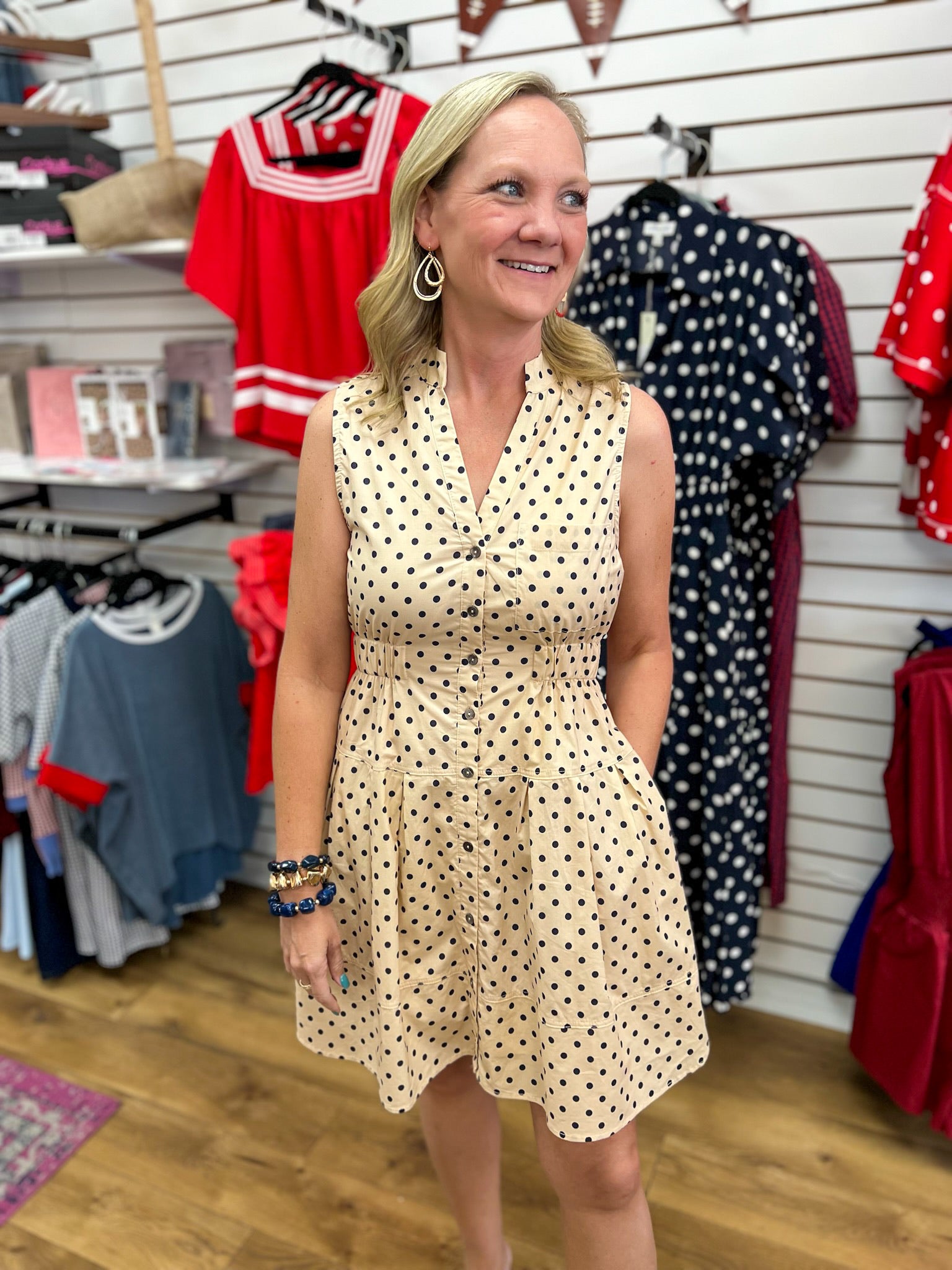 Entro ecru sleeveless polka dot button-front mini dress with elastic waist and pockets