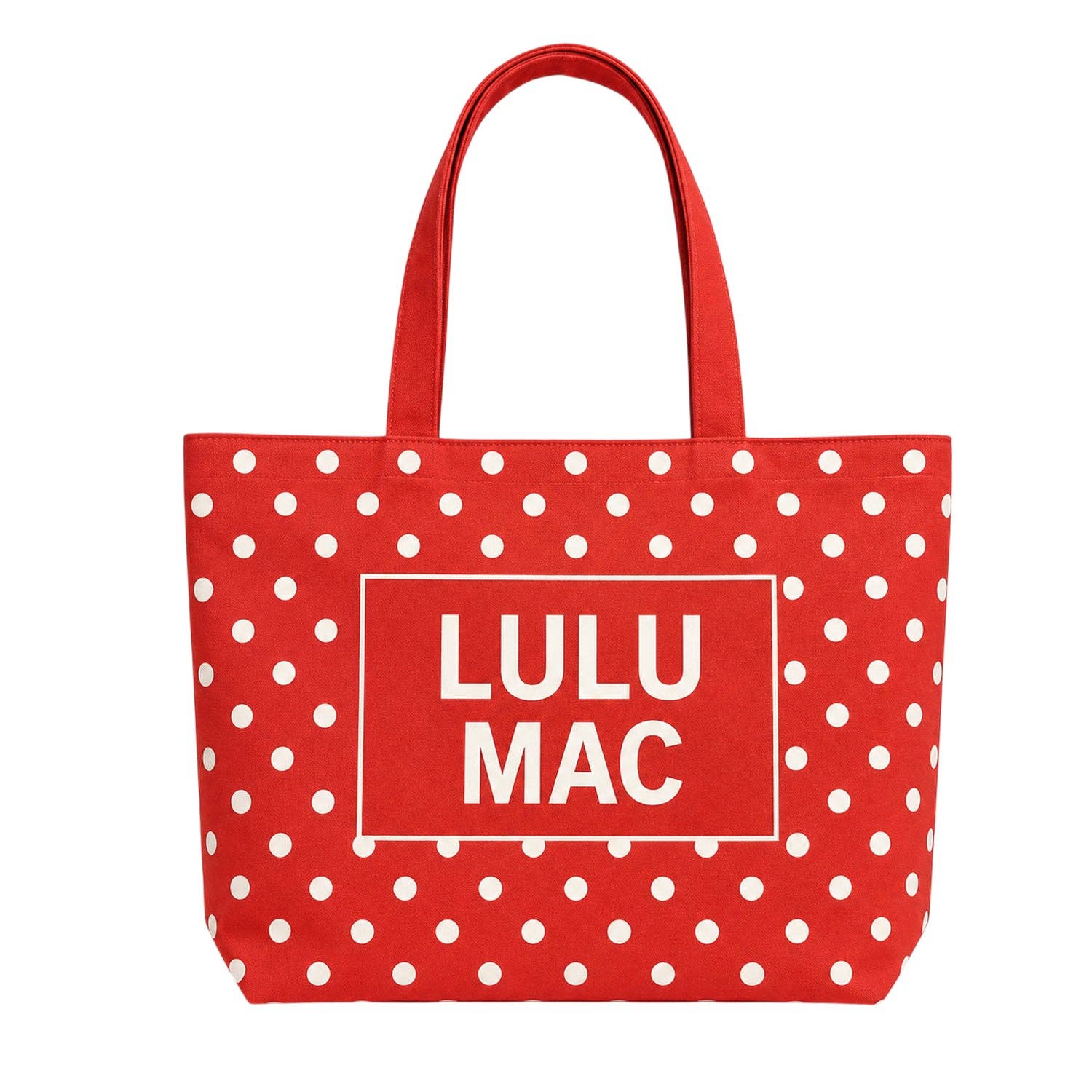 Red polka dot canvas tote bag with white dots and Lulu Mac logo print