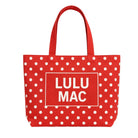 Red polka dot canvas tote bag with white dots and Lulu Mac logo print