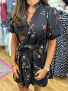 Entro black floral V-neck mini dress with puff sleeves and tie waist