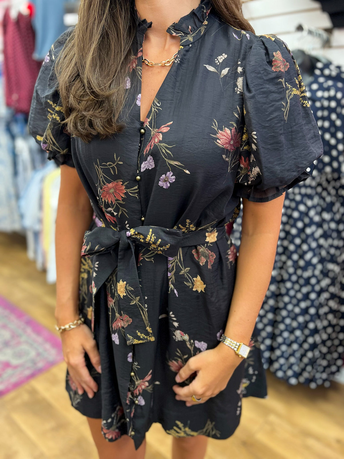 Entro black floral V-neck mini dress with puff sleeves and tie waist