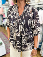 Umgee black paisley boho blouse with pintuck detail and 3/4 sleeves