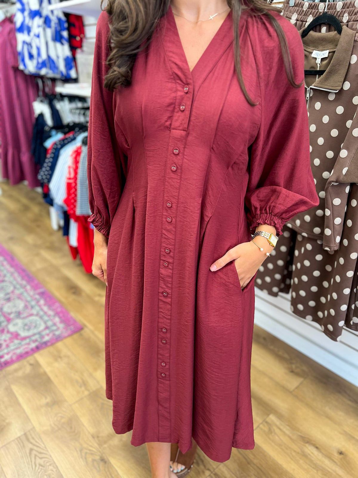 Entro burgundy button-down midi dress with long balloon sleeves and side pockets