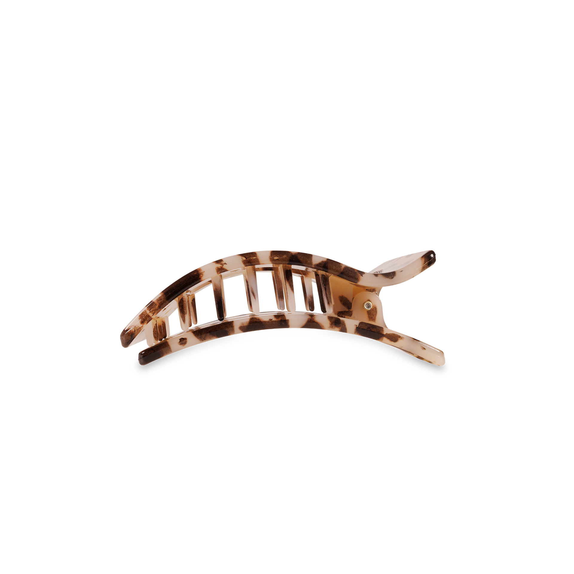 Small flat rectangle blonde tortoise hair clip with open ladder design and spring hinge