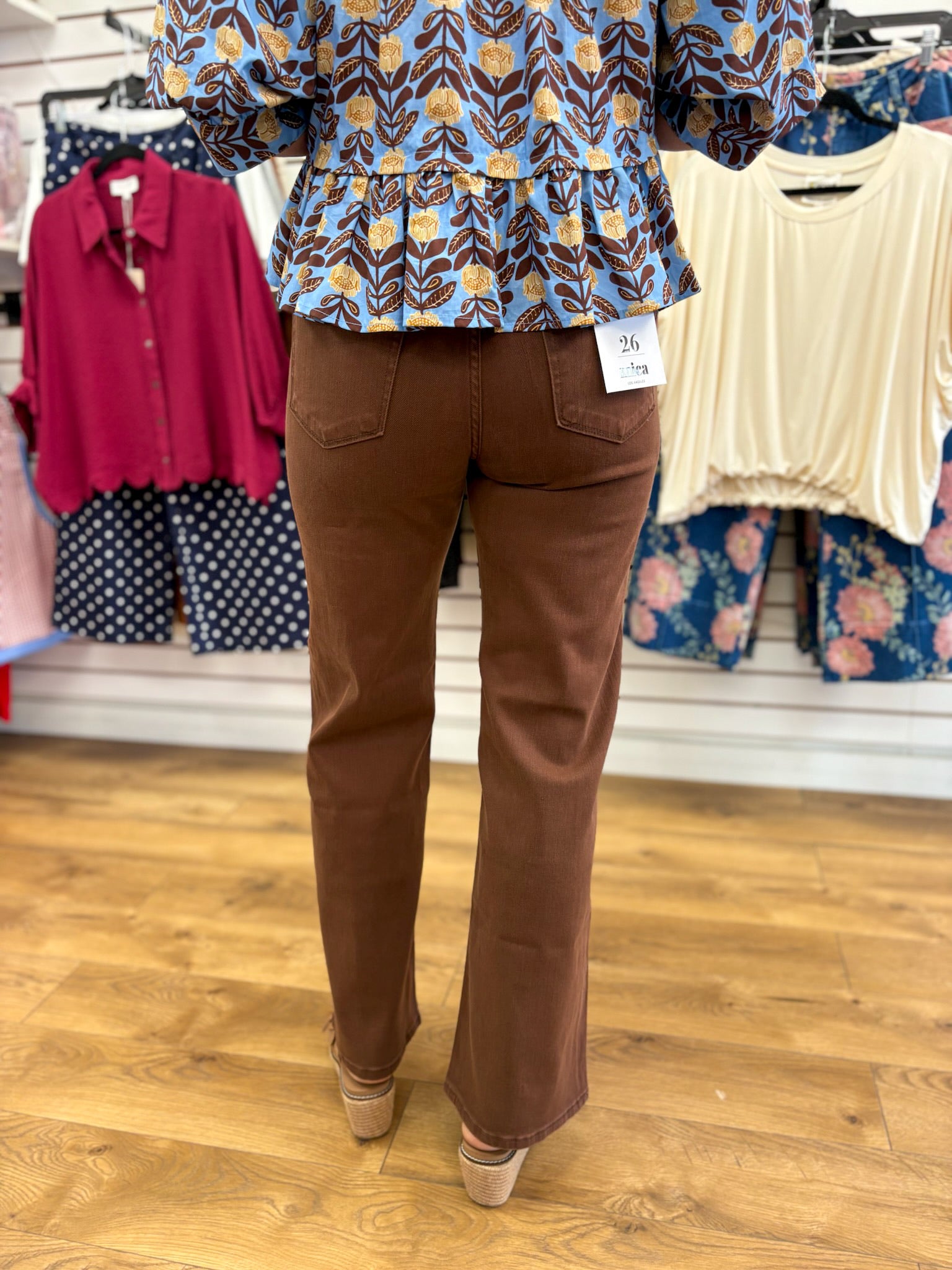 Mica vintage brown high rise wide leg jeans with patch pockets, 31 inch inseam