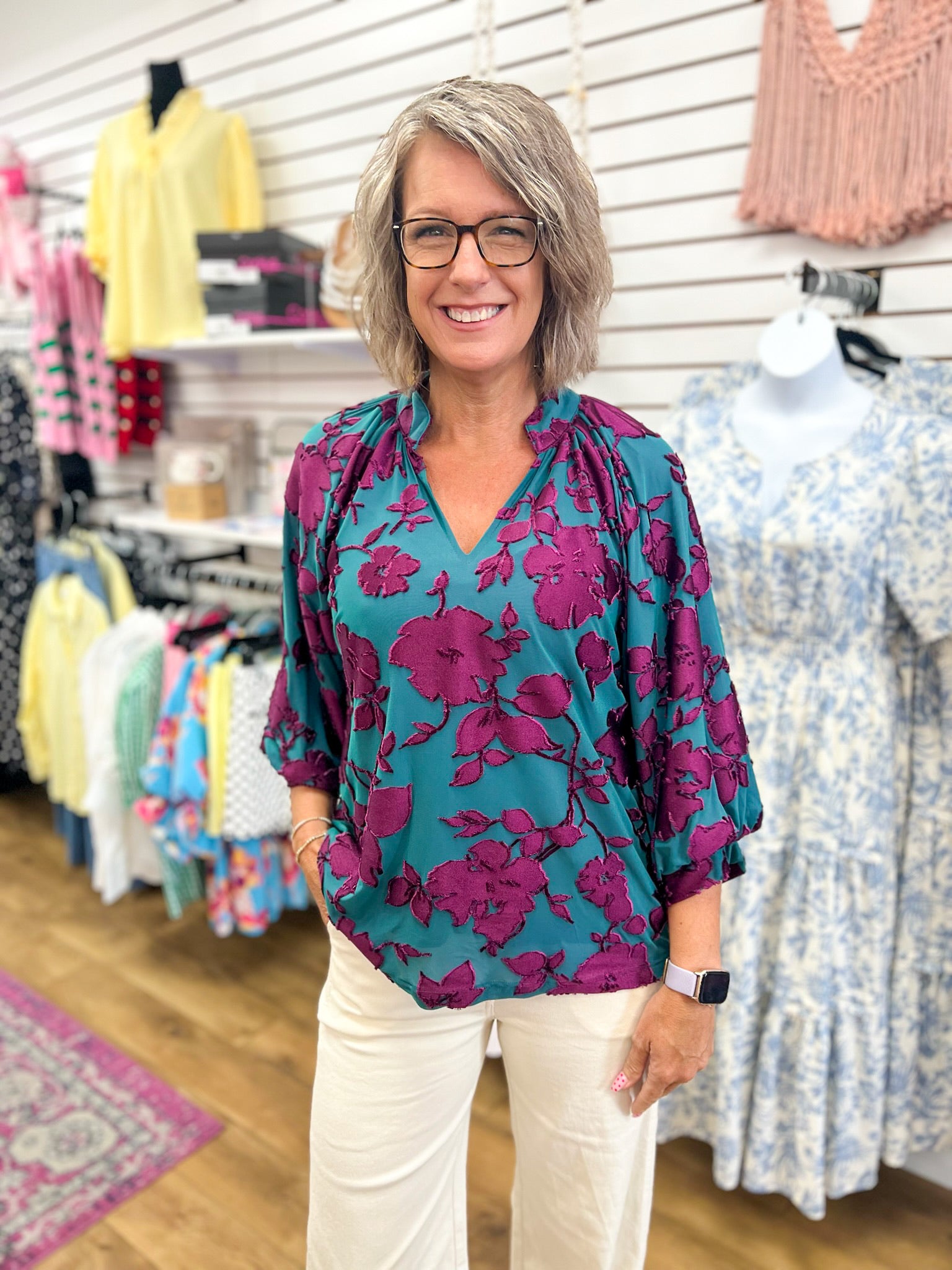 Umgee teal floral V-neck blouse with purple blooms and 3/4 balloon sleeves