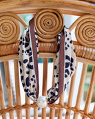 Leopard print scarf necklace with magnetic pearl clasp in cream and navy