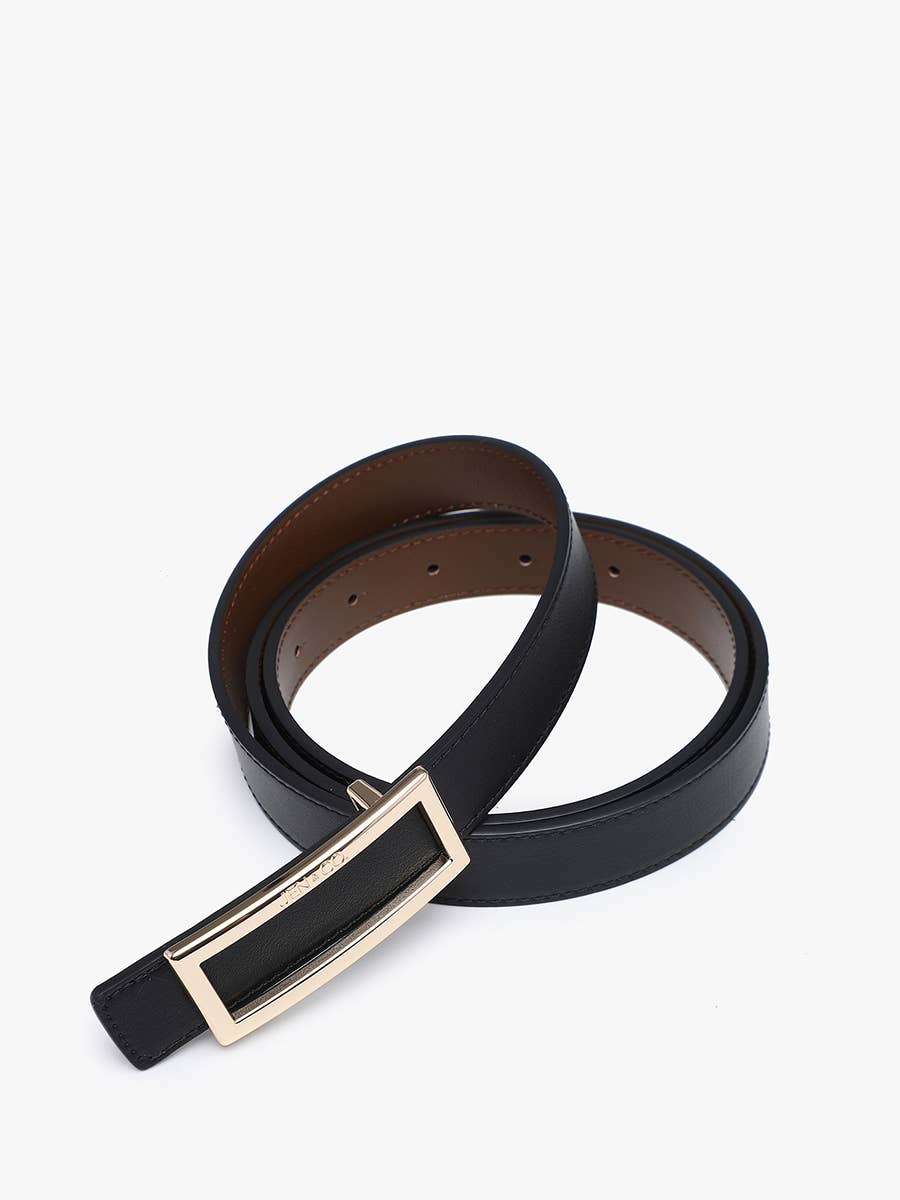 Reversible black and brown leather belt with gold rectangular frame buckle coiled flat