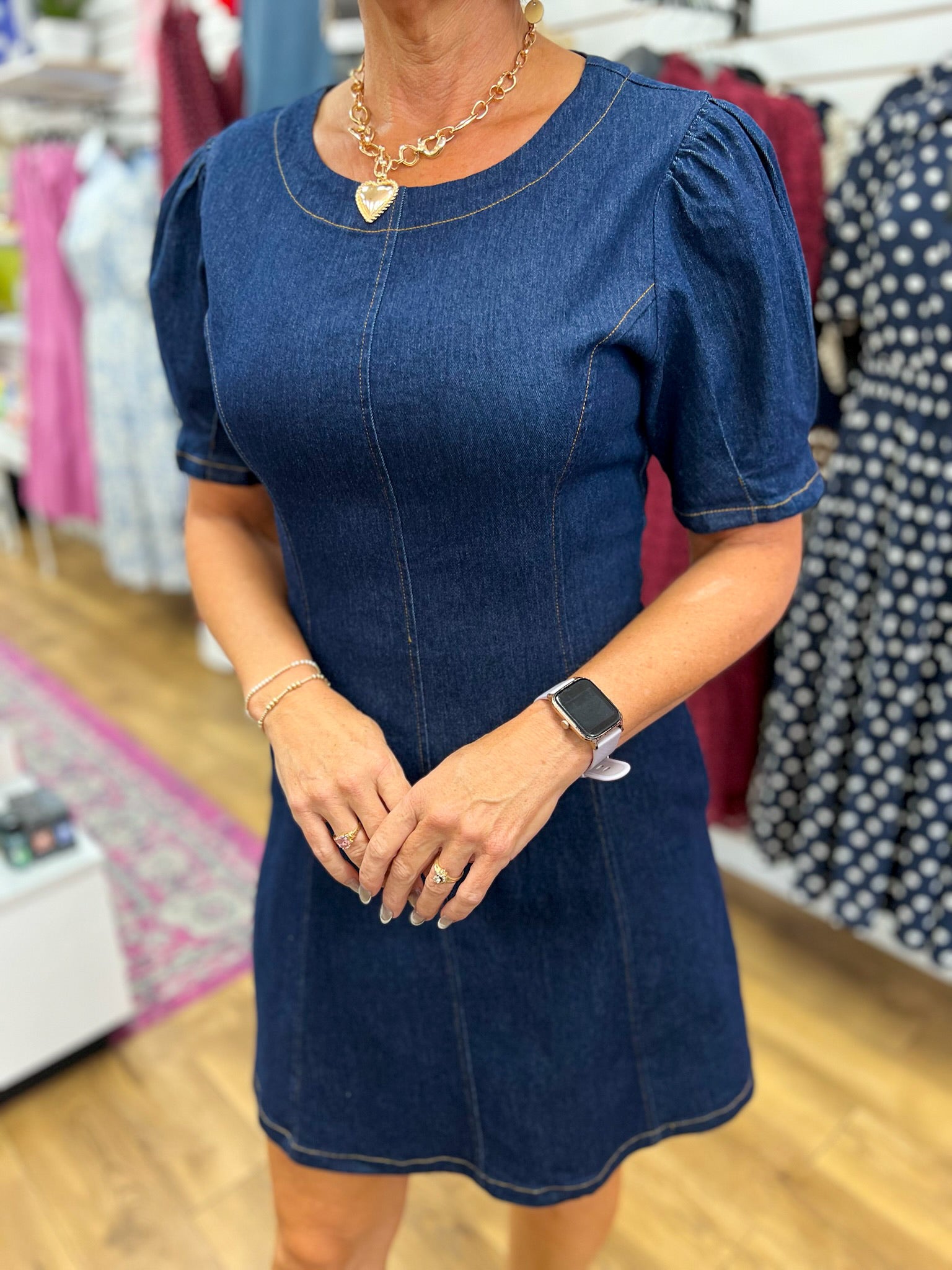 She + Sky dark denim short sleeve mini dress with puff shoulders and gold stitching