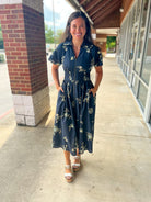 Navy floral v-neck midi dress collar front zip pockets 