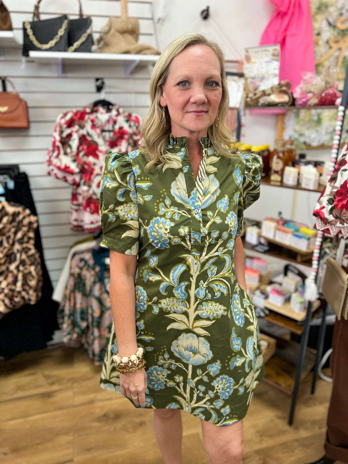 Entro olive green floral mini dress with short puff sleeves and ruffle neckline