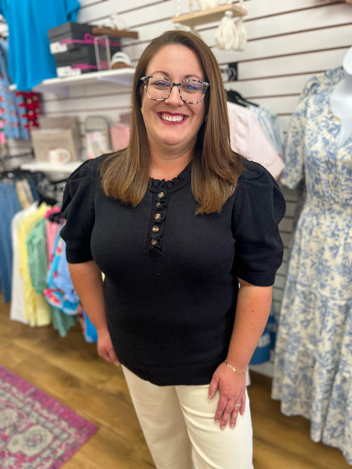 She + Sky black short sleeve ruffle neck sweater with gold front buttons