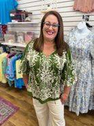 Olive green boho border print top with cream floral pattern and 3/4 balloon sleeves