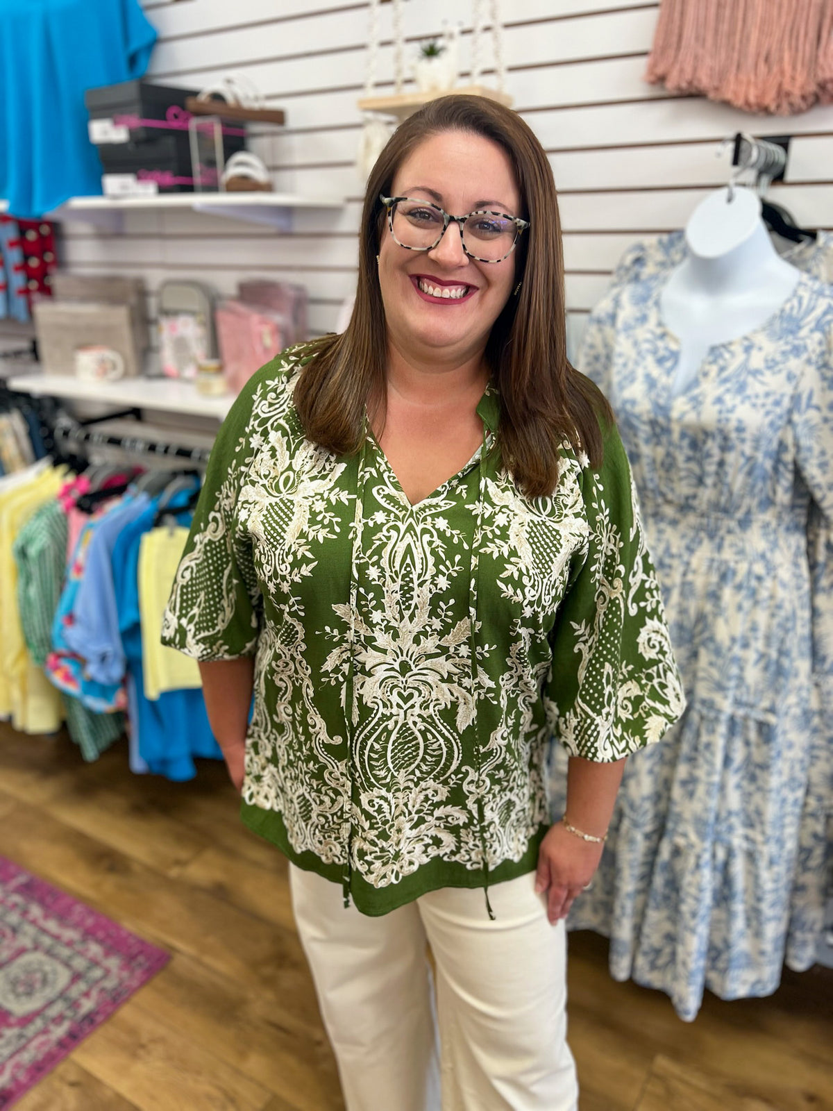 Olive green boho border print top with cream floral pattern and 3/4 balloon sleeves