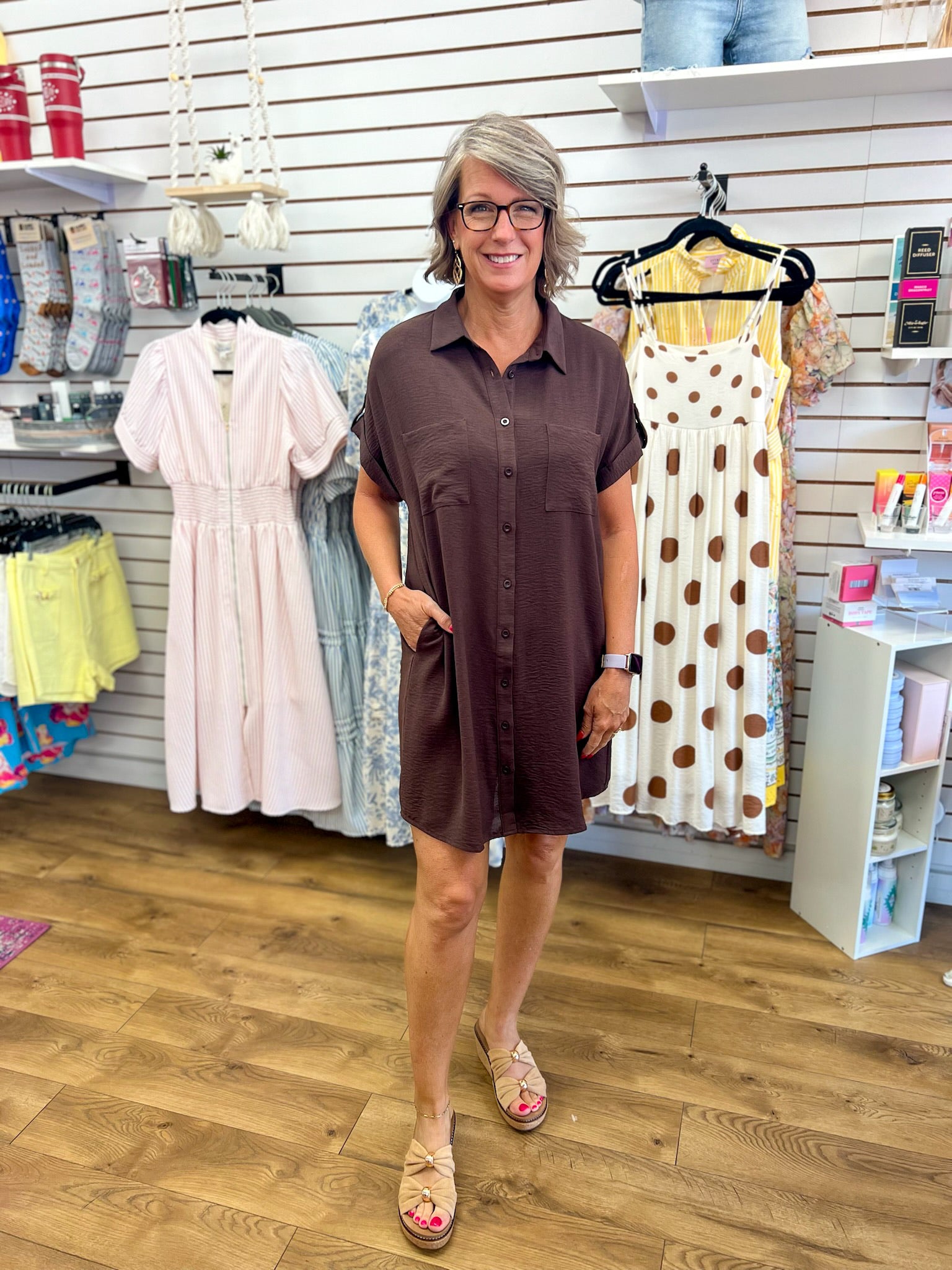 She + Sky brown button-down short sleeve shirt dress with chest pocket