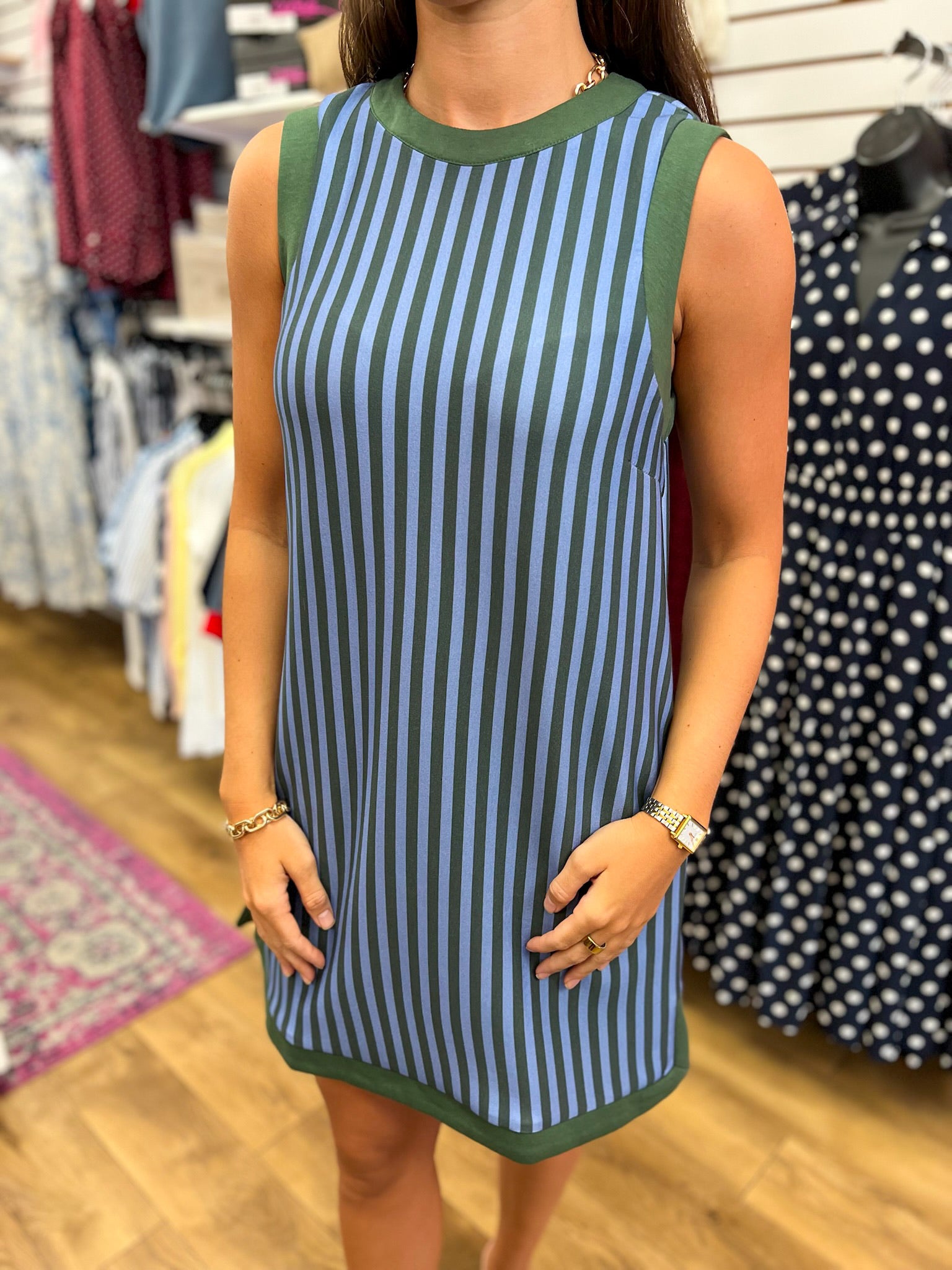Entro hunter green and blue vertical striped sleeveless shift dress with pockets