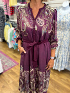 Umgee plum paisley print midi dress with tie waist and button front