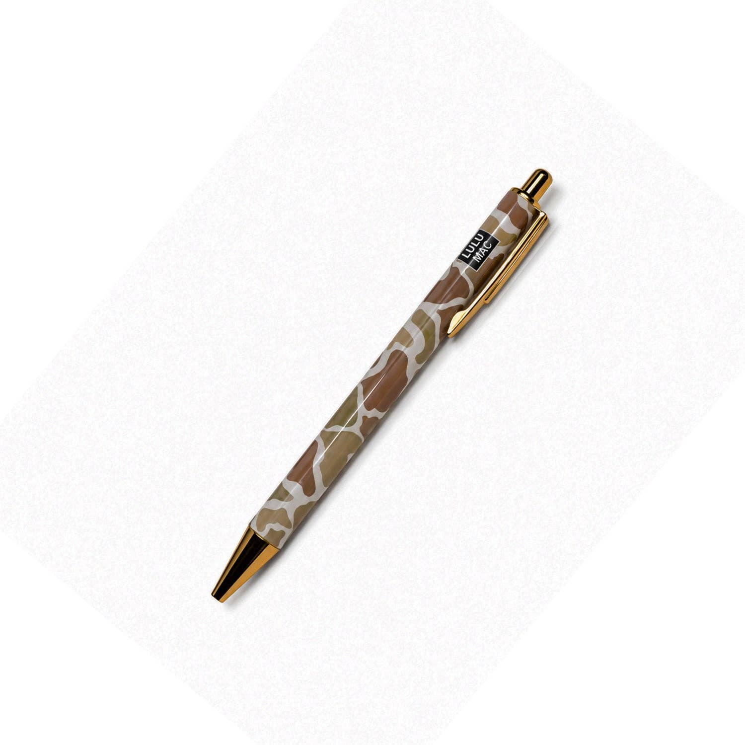 Lulu Mac ballpoint pen with brown camo pattern and gold metallic accents