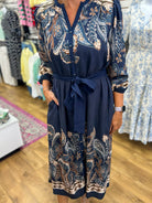 Navy blue paisley print midi dress with tie waist and button front