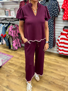 Plum puff sleeve v-neck top and wide-leg pants set with pink scallop trim