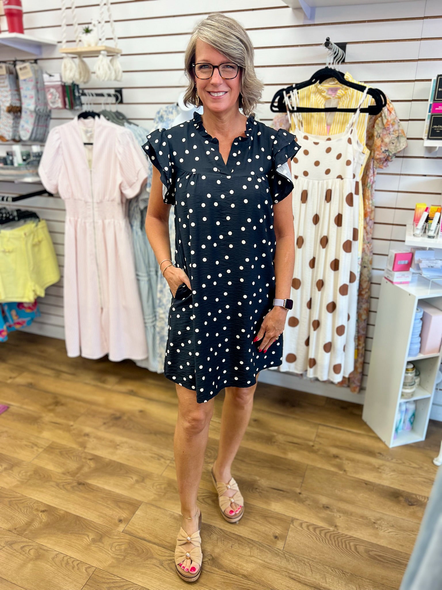 She + Sky black and white polka dot ruffle sleeve mini dress with pockets