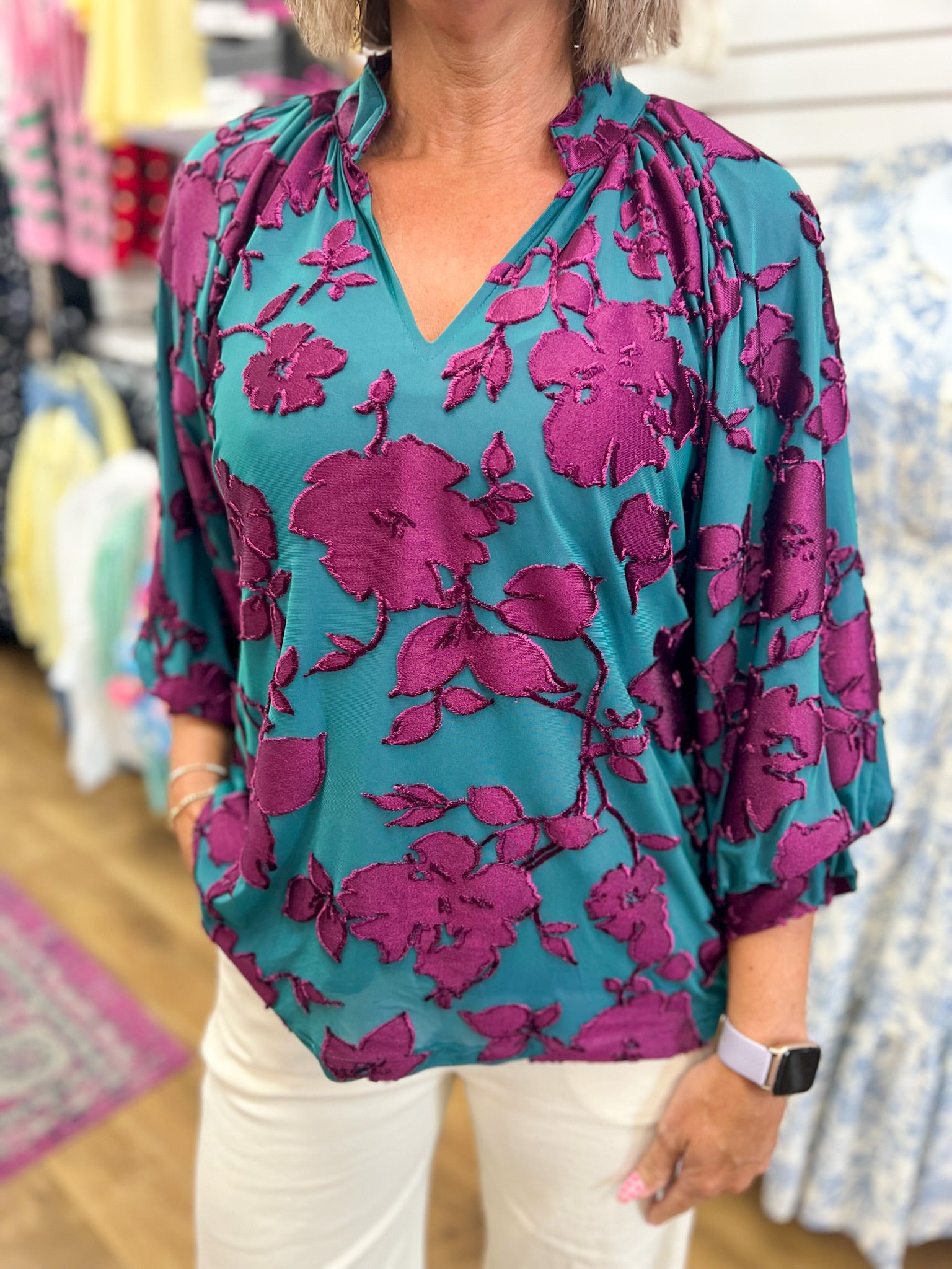 Umgee teal V-neck top with magenta floral appliqué and 3/4 balloon sleeves
