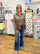 Olive satin long sleeve button-up shirt with pink and white polka dots