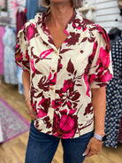 Entro cream and wine floral button-up top with pink blooms and short puff sleeves