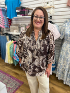 Brown and white paisley print boho top with self-tie V-neckline and 3/4 sleeves
