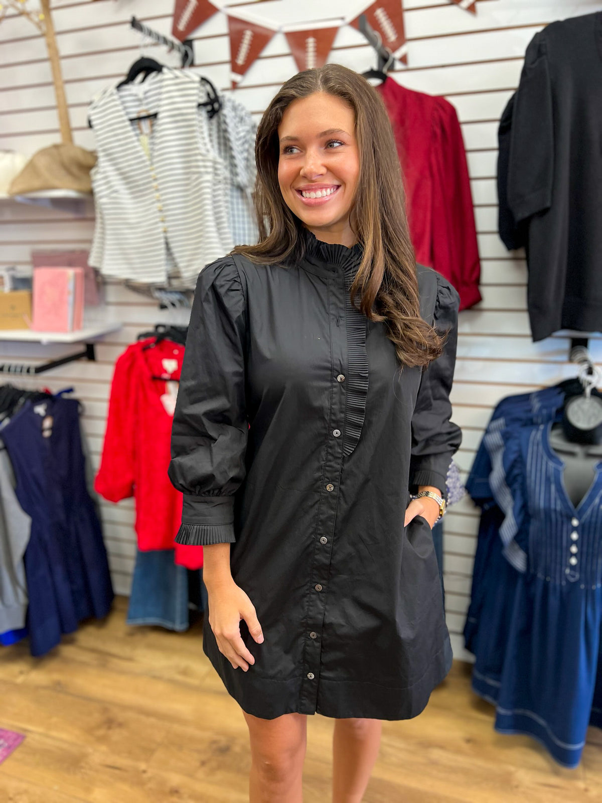 Entro black 3/4 sleeve button-front shirt dress with ruffle collar details