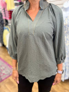 Umgee olive grey textured V-neck top with 3/4 balloon sleeves and gold stitch detail