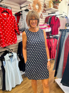 She + Sky navy blue sleeveless polka dot mini dress with pockets