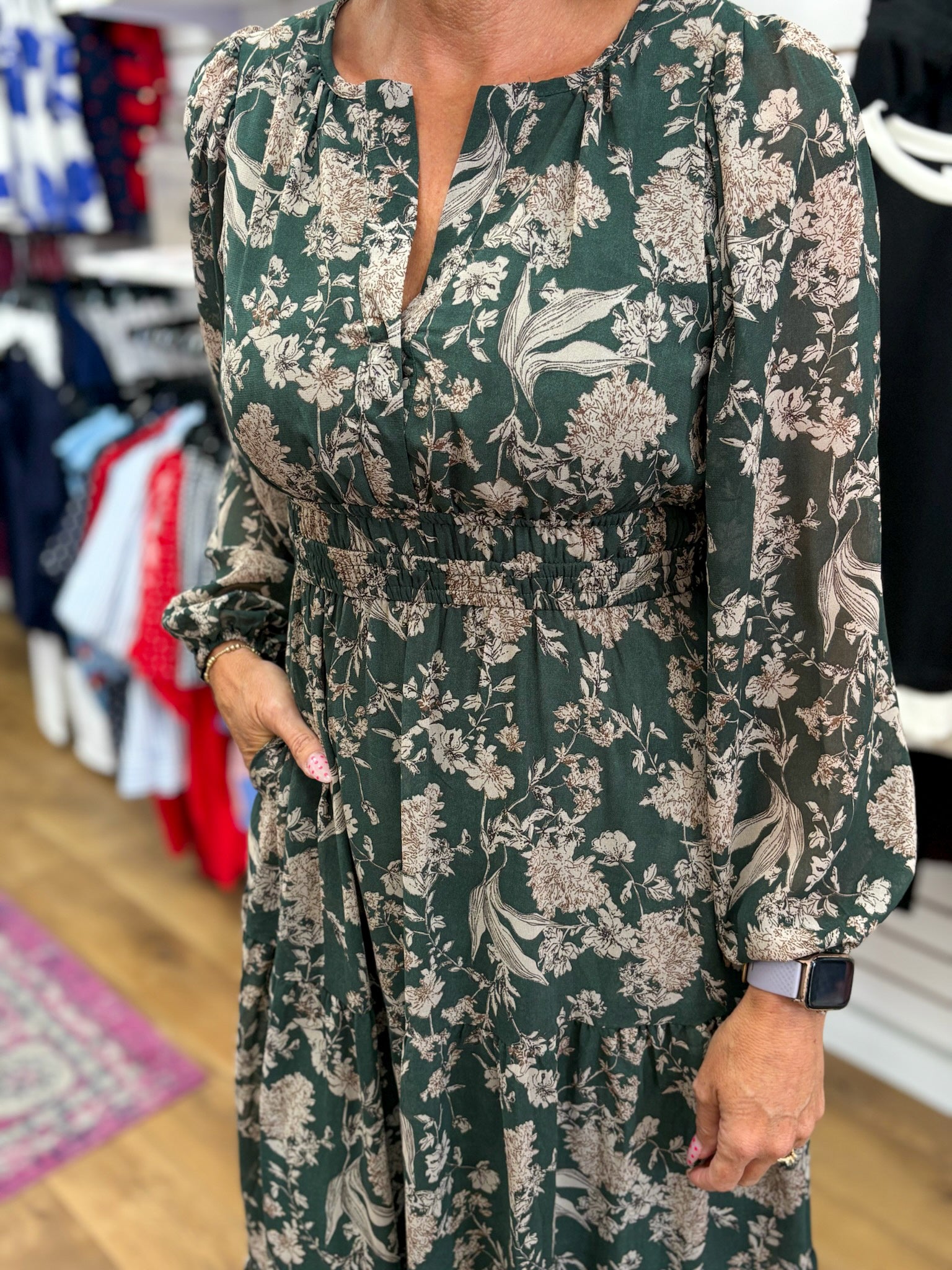 Sea green floral long sleeve maxi dress with smocked waist by She & Sky