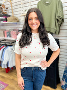White Short Sleeve Sweater with Red Polka Dots