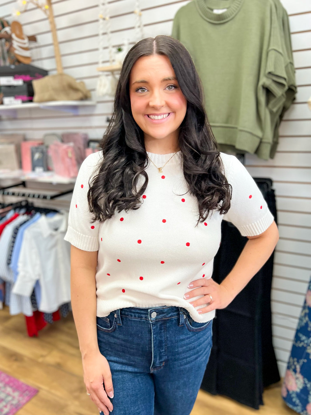 White Short Sleeve Sweater with Red Polka Dots
