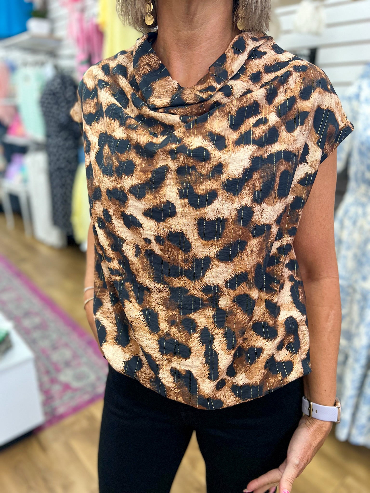 Umgee brown leopard print sleeveless mock neck top with gold metallic threading