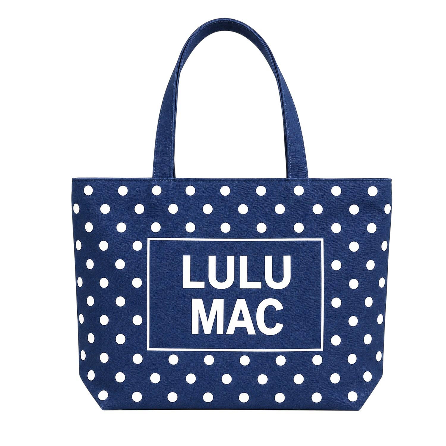 Navy blue polka dot canvas tote bag with white Lulu Mac logo and handles