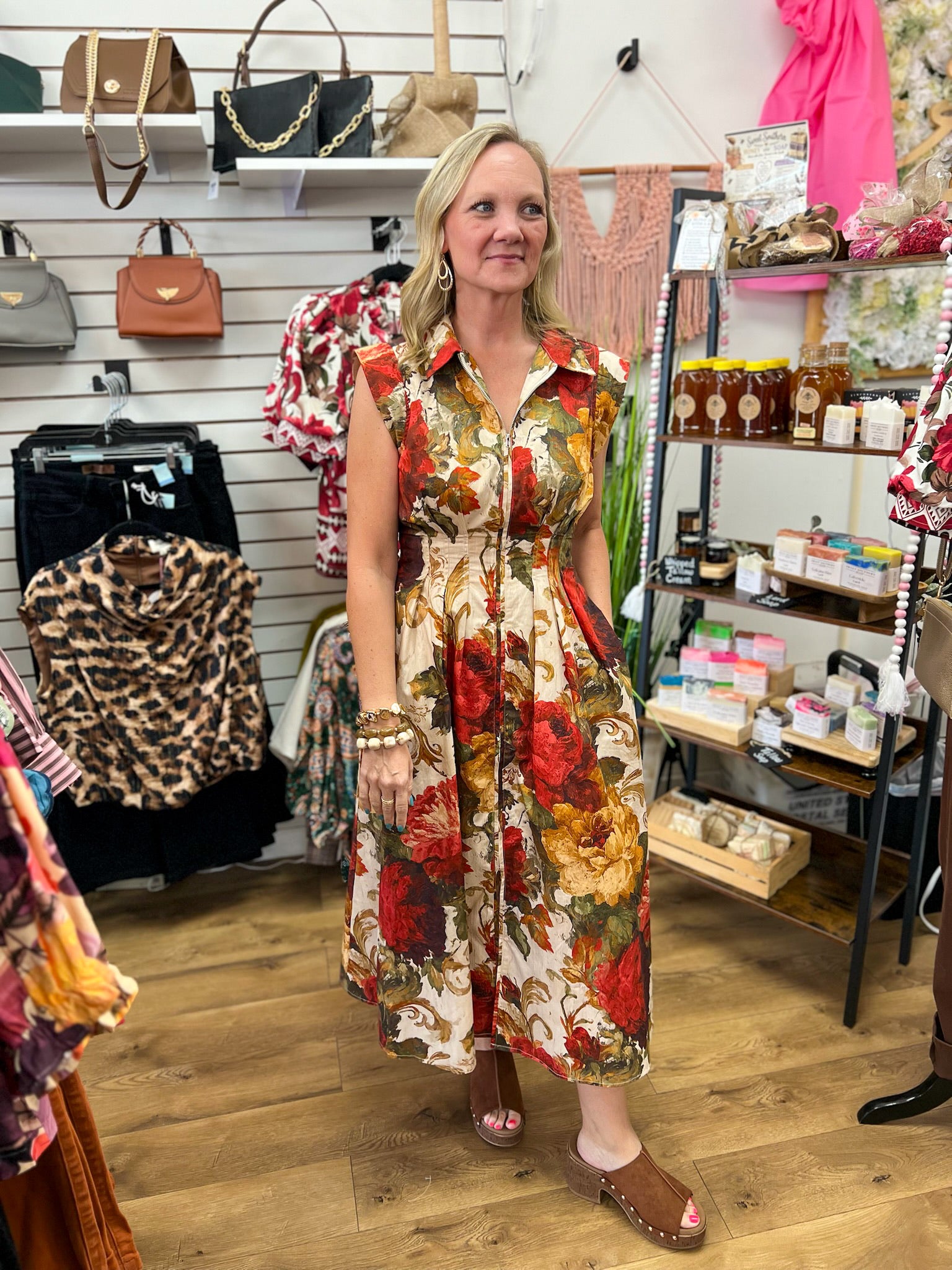Entro cream floral sleeveless zip-front midi dress with red and gold blooms