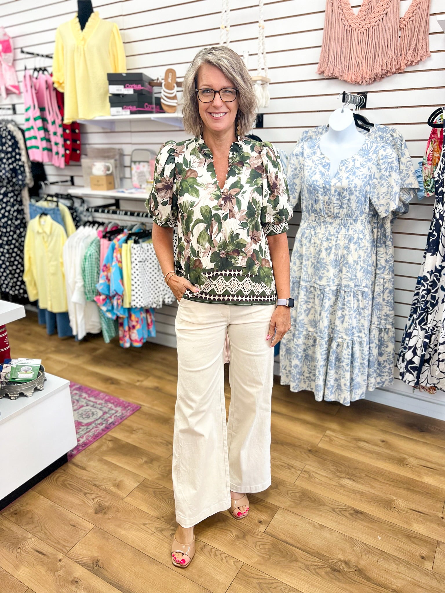 Entro olive floral short puff sleeve top with geometric hem trim detail