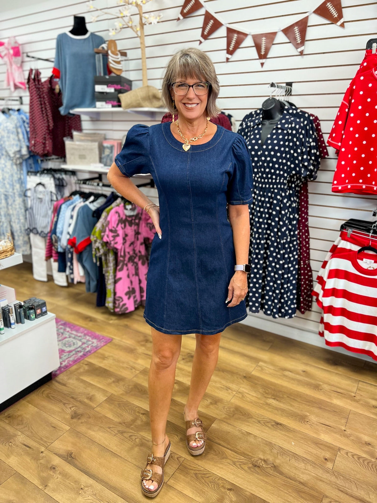 She + Sky dark denim short puff sleeve mini dress with pockets