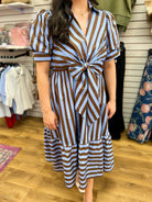 Entro blue and brown striped midi dress with front tie waist and puff sleeves