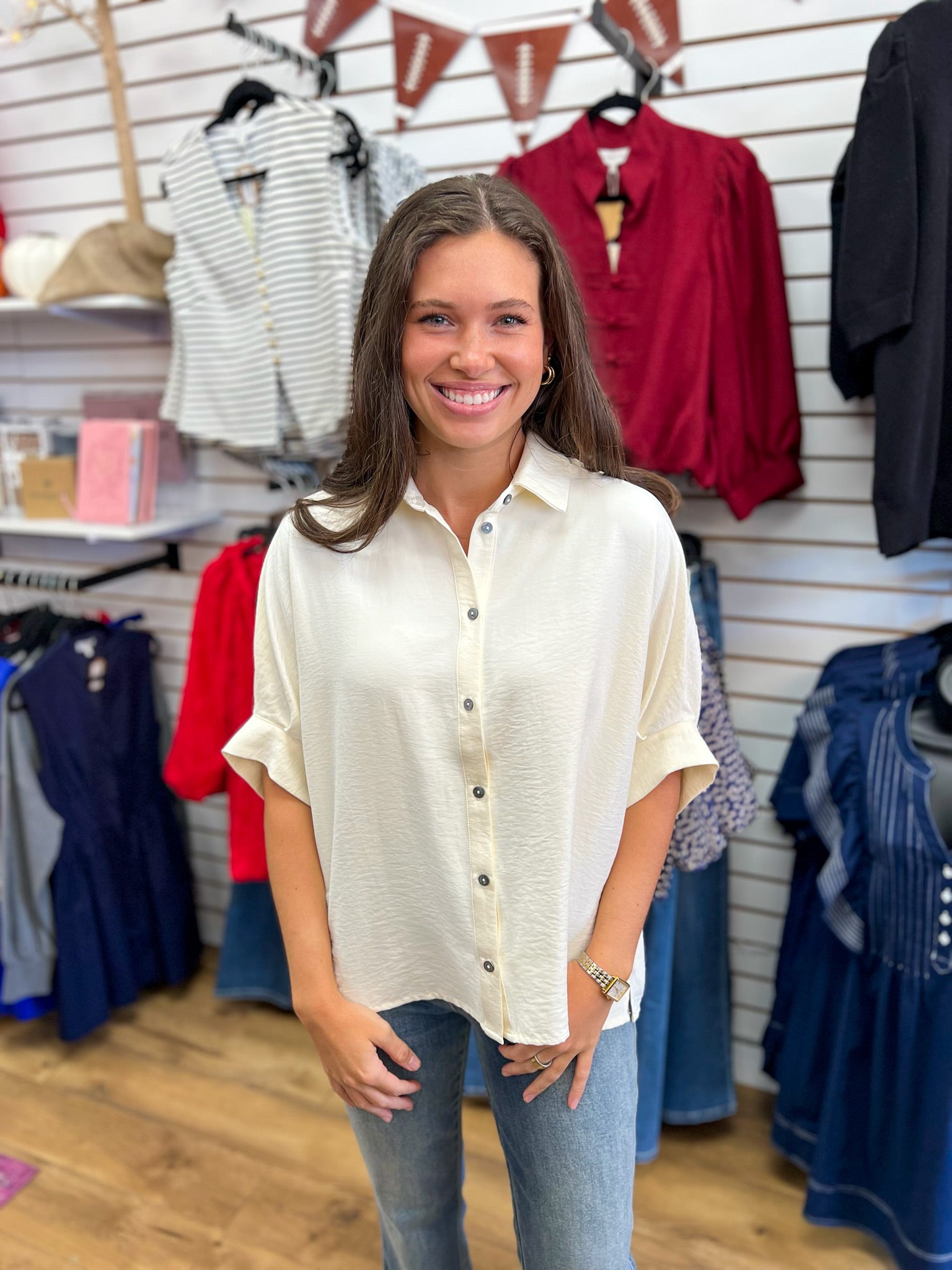 Entro ecru button-down top with short dolman sleeves, worn with jeans